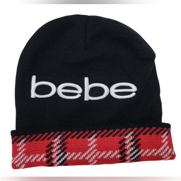 Bebe Winter Beanie Hat Black With Red & White Snowflake Cuffed BEBE logo - Picture 1 of 2